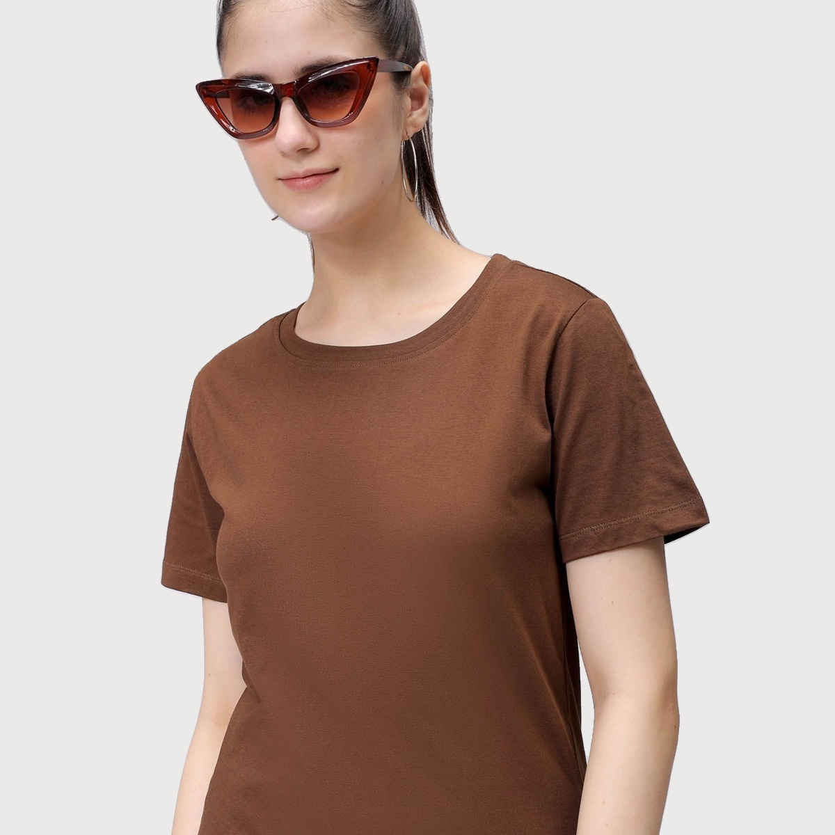 Freehand Women's Casual Regular Solid Crew Neck T-shirt | 0424-Zfhcntee3-09 | Sepia - S