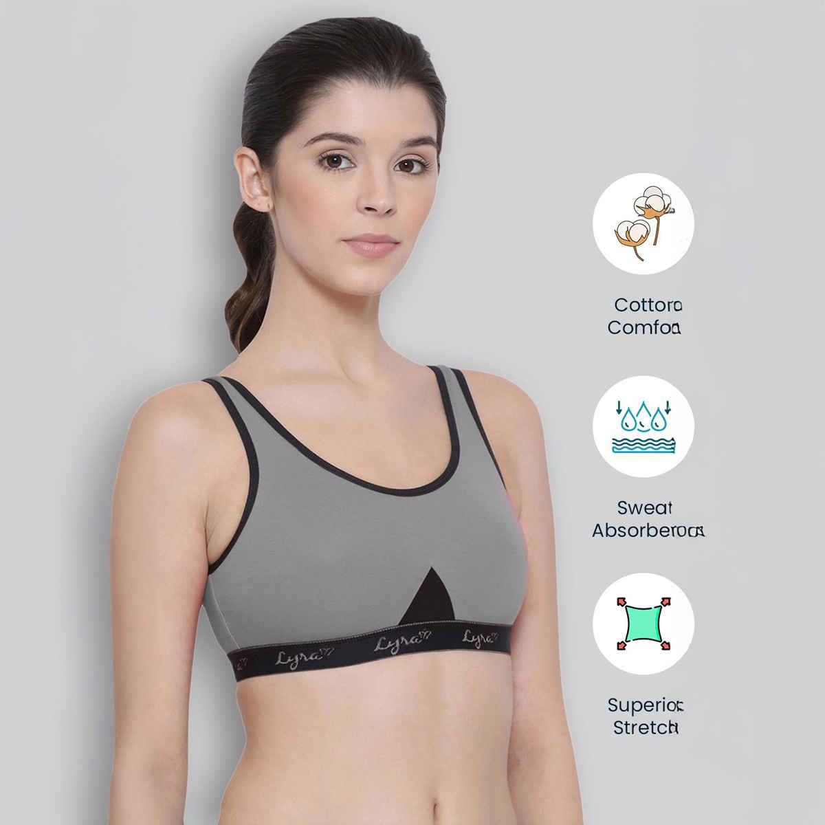 Lyra Non Padded Sports Bra For Women, Black and Grey, 38B - Pack Of 2