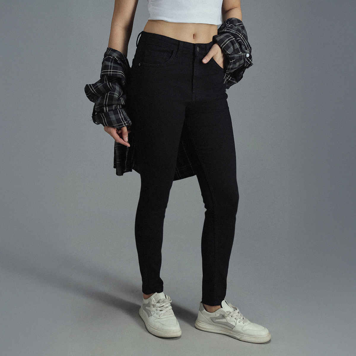 High Star Women's Skinny Fit High-Rise Clean Look Stretchable Jeans | Black - 28