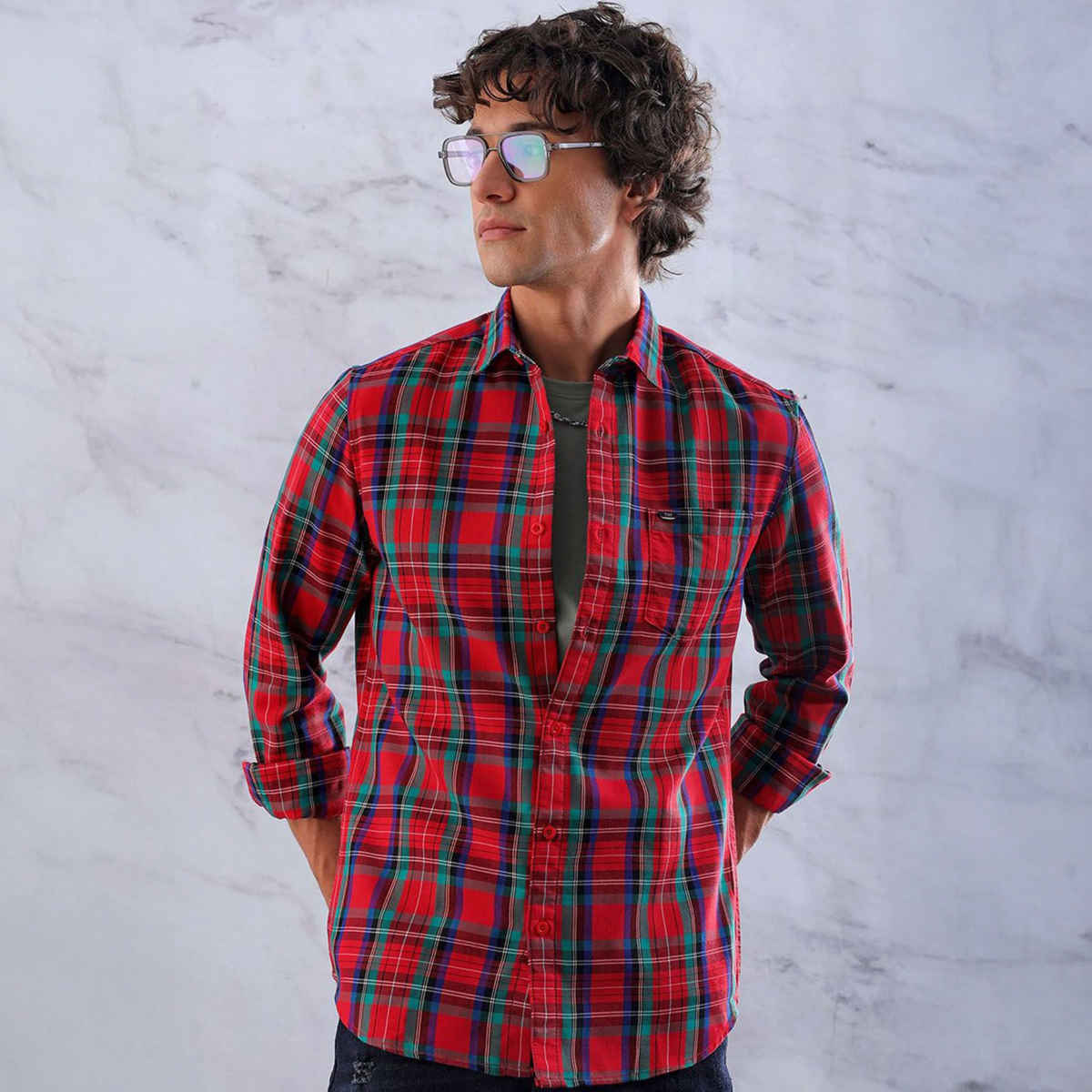 The Indian Garage Co Men's Slim Fit Checked Casual | Red | L
