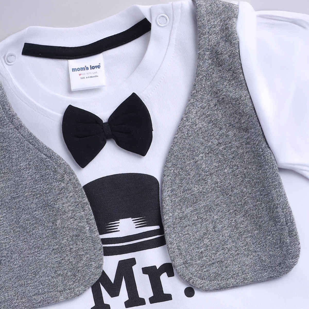 Mom's Love Boys' Printed Cotton Clothing Sets | Grey Melange | 03 - 06 months