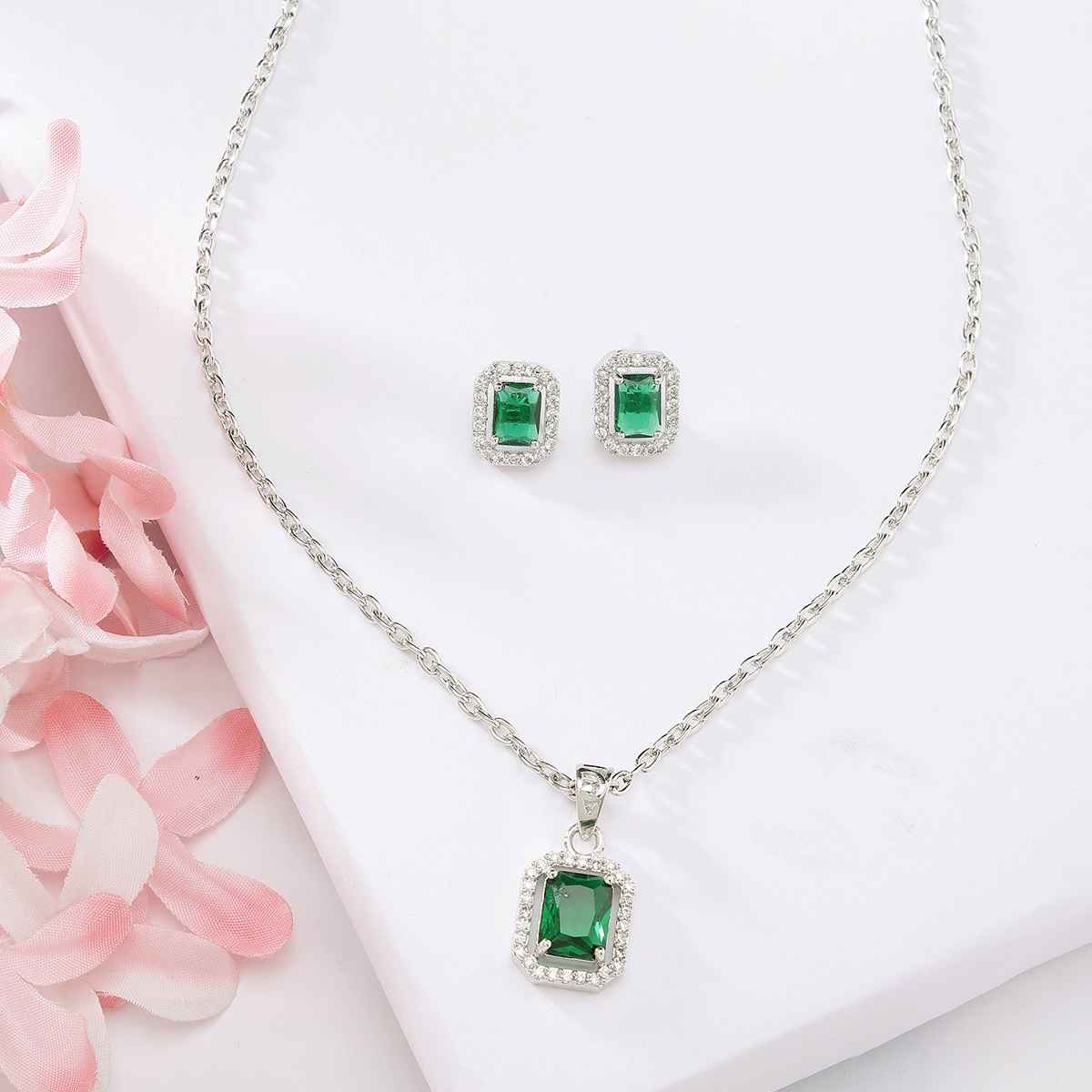 Zeneme Rhodium-Plated Green AD-CZ Luxe Sparkle Princess Cut Necklace Earrings For Women & Girls