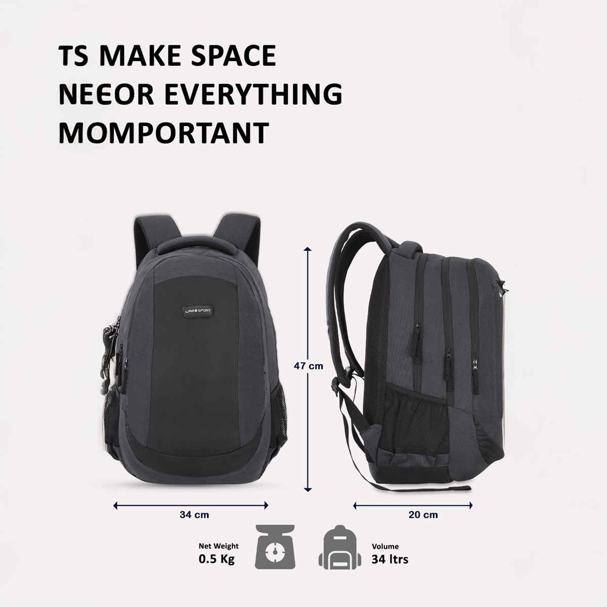 Lavie Sport Pinnacle 34L Laptop Backpack For Men & Women | College Bag For Boys & Girls (Black)