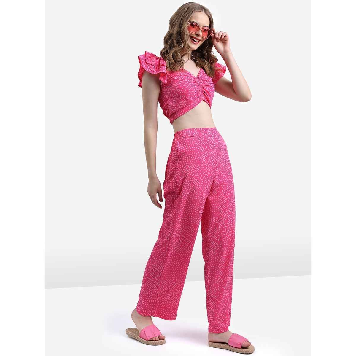 Ketch Women Geometric Printed Crop-Top and Trousers Co-ords | Pink | M