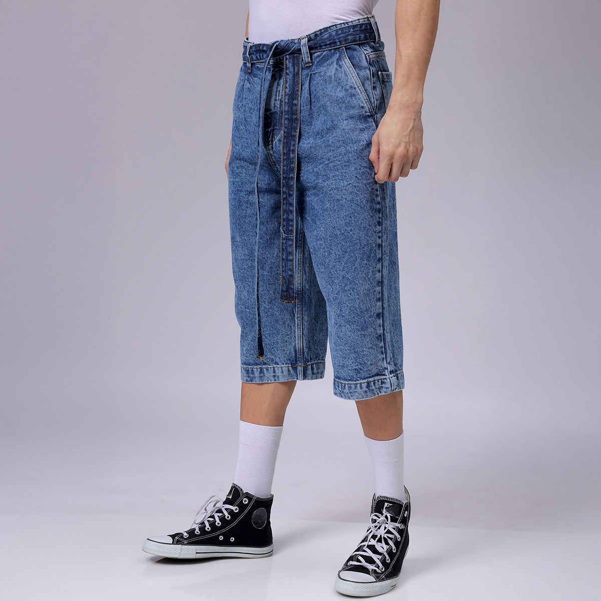 The Indian Garage Co Men's Loose Solid Street Capri Jeans | Blue - 34