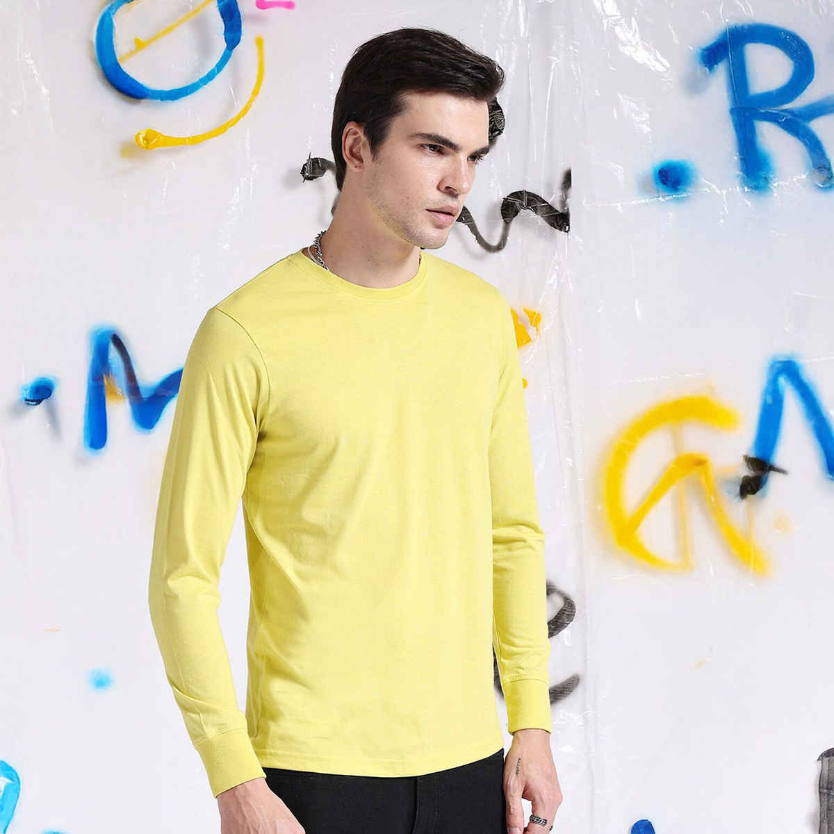The Indian Garage Co Men Casual Regular Fit Super Lemon Solid Full Sleeve T-Shirt - L