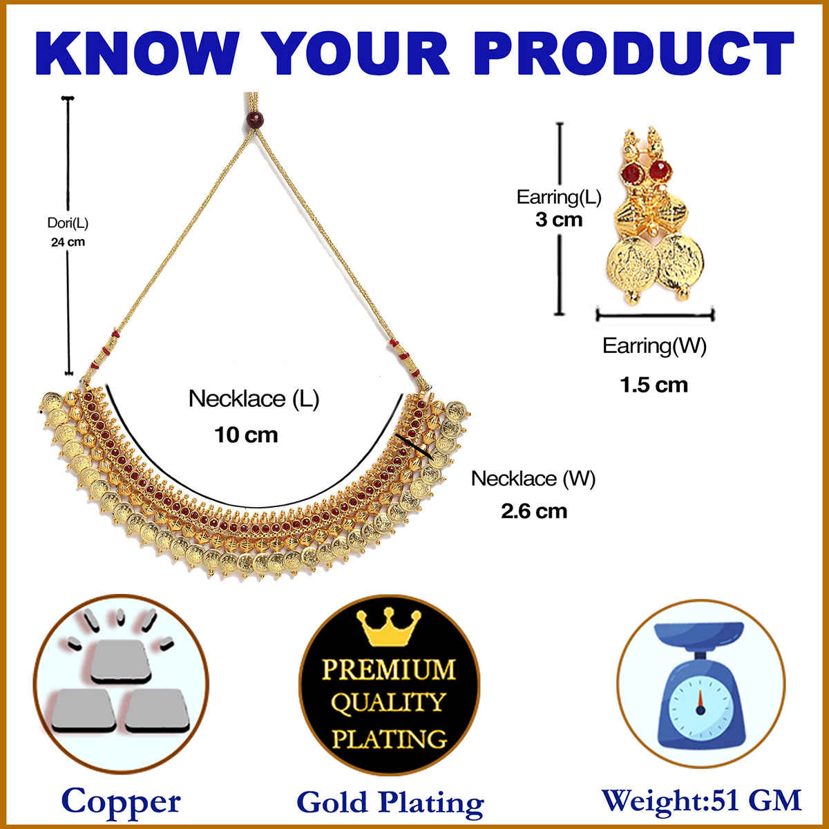 Zeneme Women's Gold-Plated South Indian Red Lakshmi Kasu Coin Temple Necklace