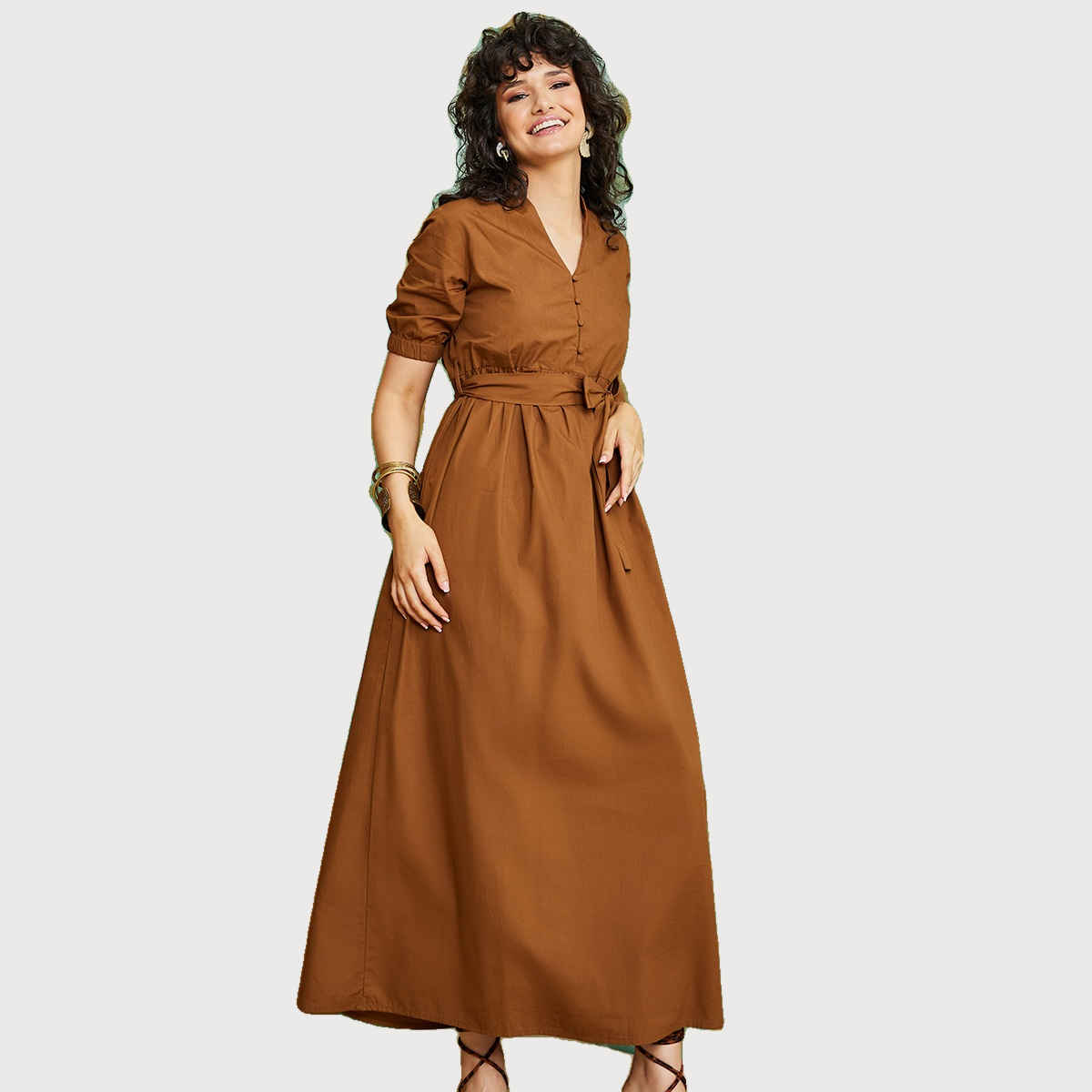 Styli Women's Maxi Dress with Button Detail and Self Tie | Brown - L