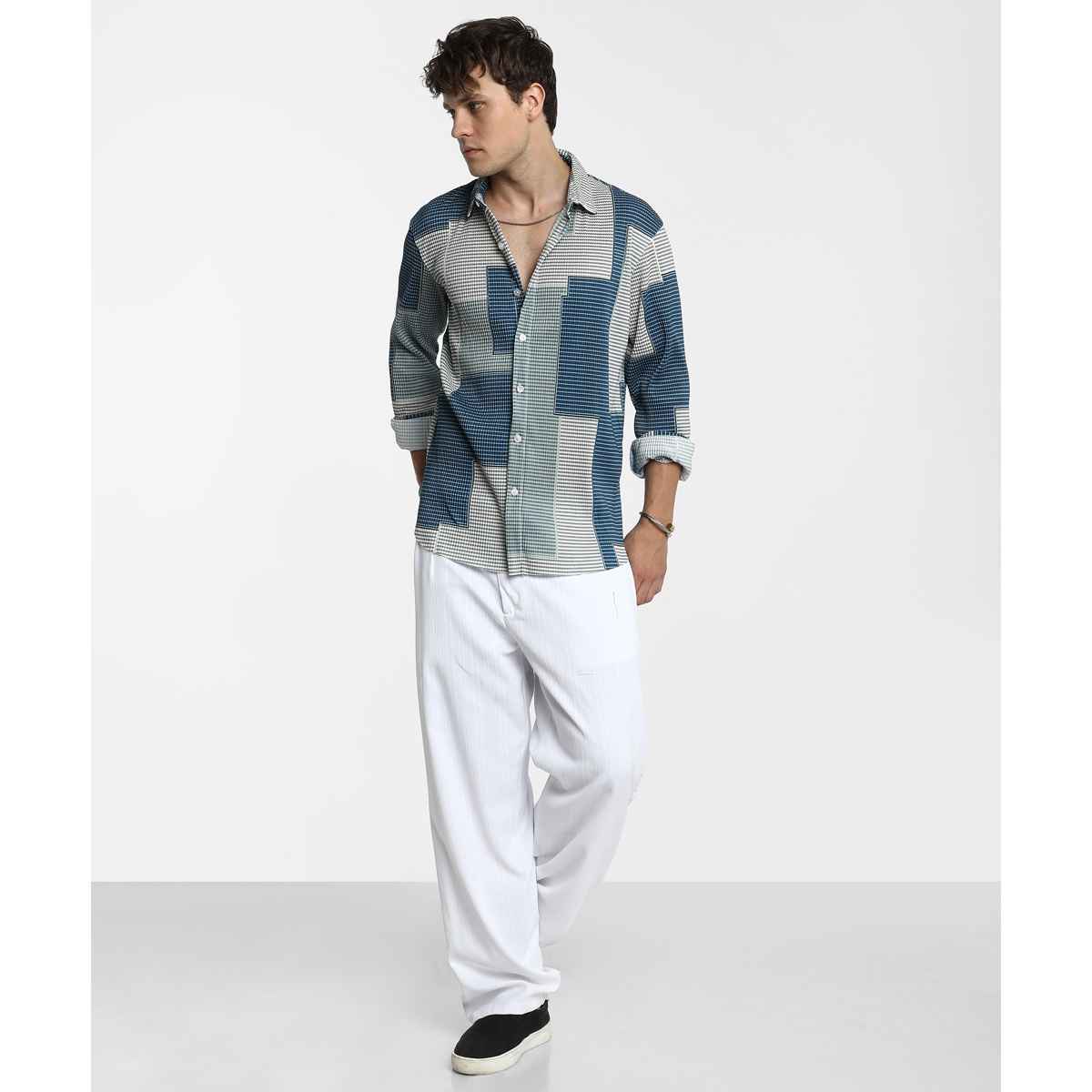 Campus Sutra Men's Retro - Pleat Shirt | Cloud Grey & Lapis Blue - L