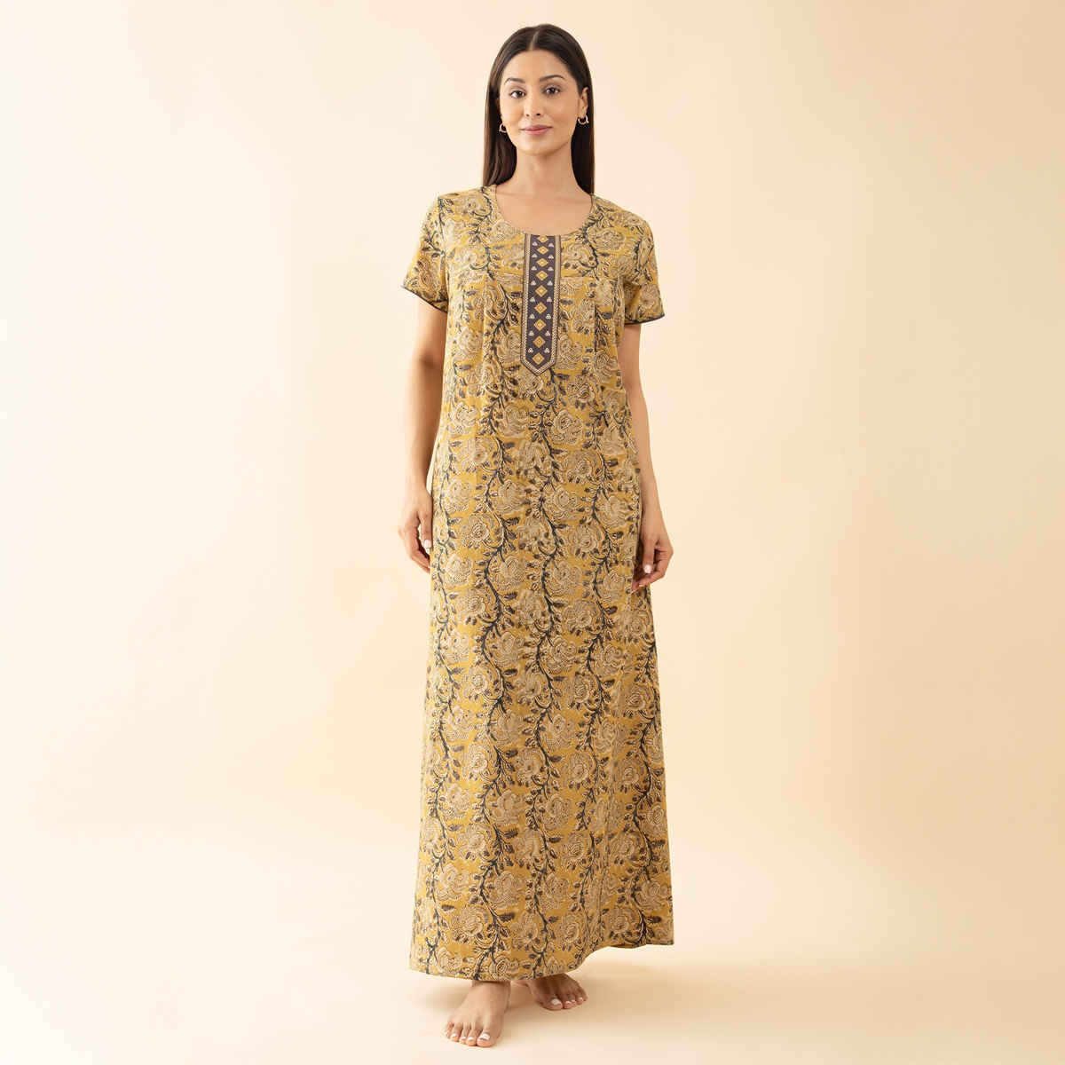 Maybell Women's Cotton Kalamkari Printed Nighty | Mustard - M