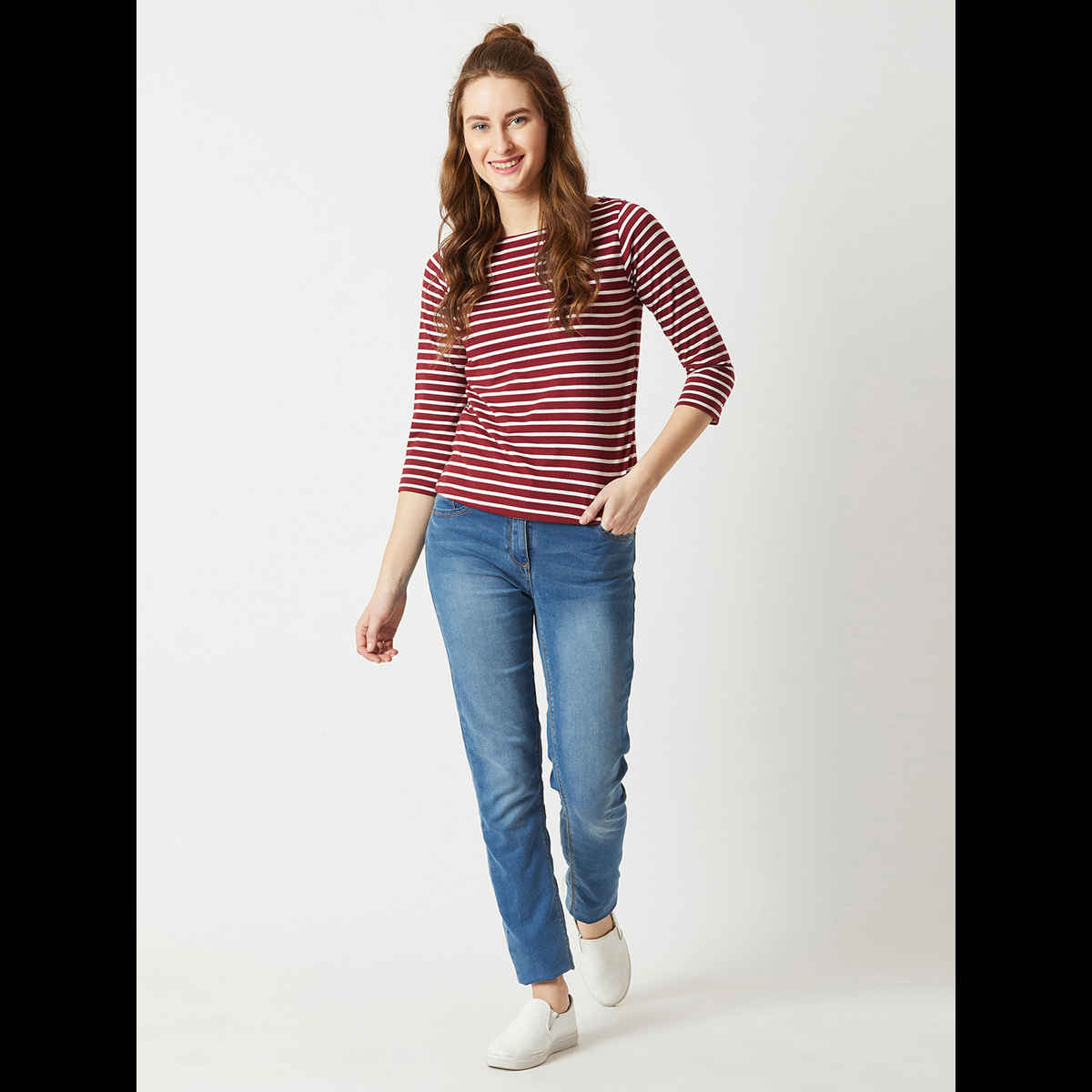 Miss Chase Women's No Matter What Striped Top | Maroon and White | S