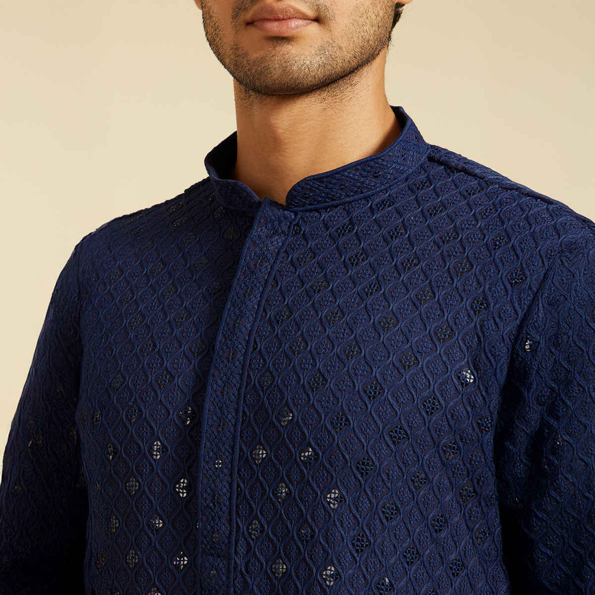 Diwas By Manyavar Men's Chikankari Kurta With Sequins | Navy Blue - 2XL