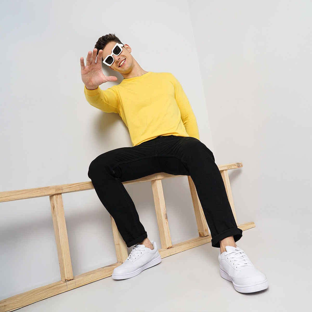 The Indian Garage Co Men Casual Regular Fit Yellow Solid Full Sleeve T-Shirt - M