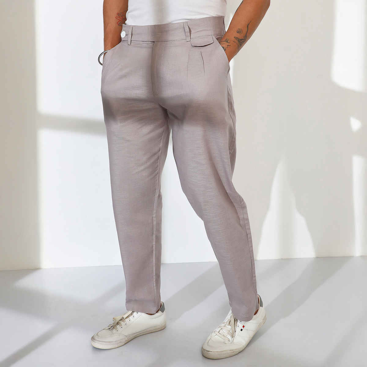 Campus Sutra Men's Tailored Linen-Blend Trousers | Grey - 36