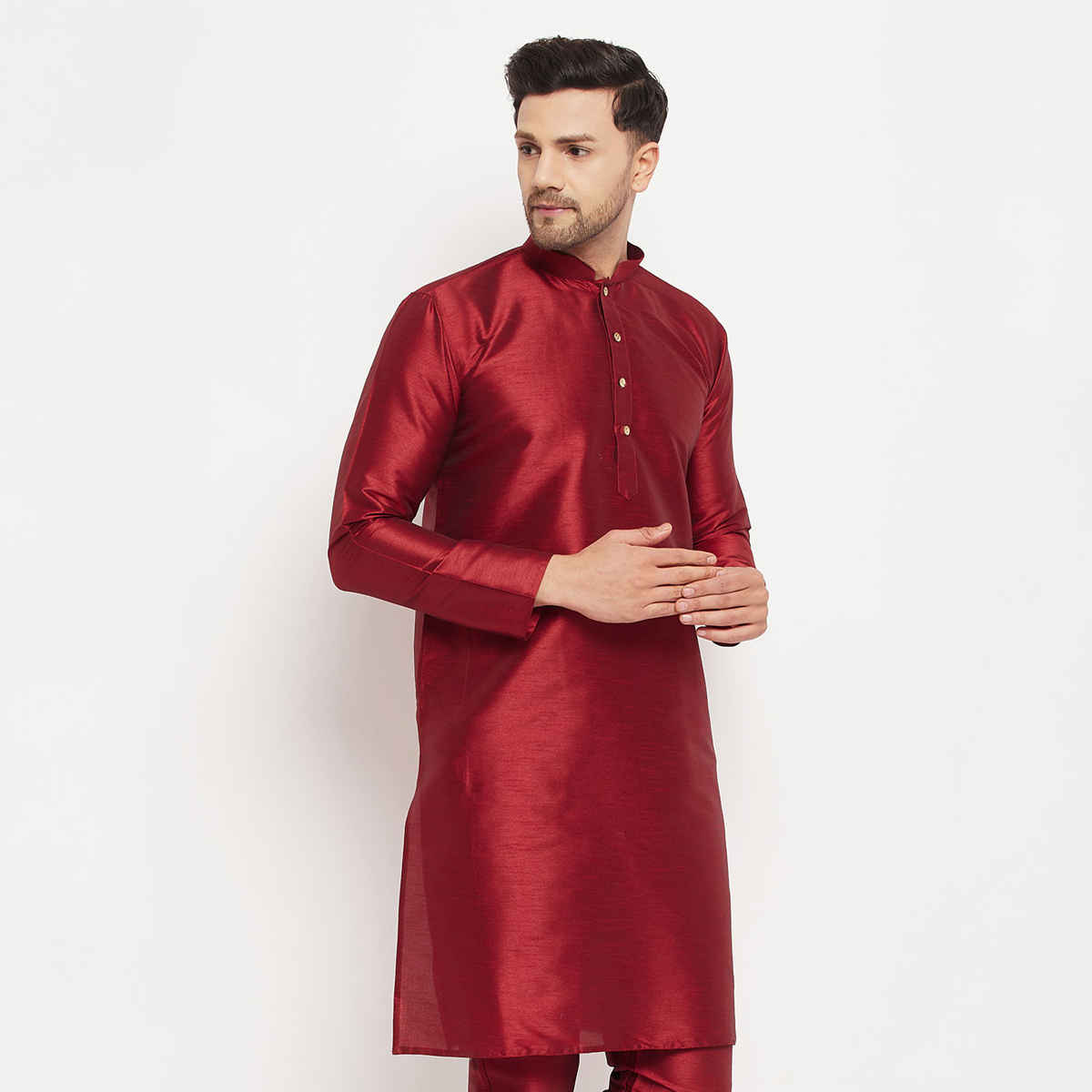 Vastramay Men's Silk Blend Kurta | Maroon - XL