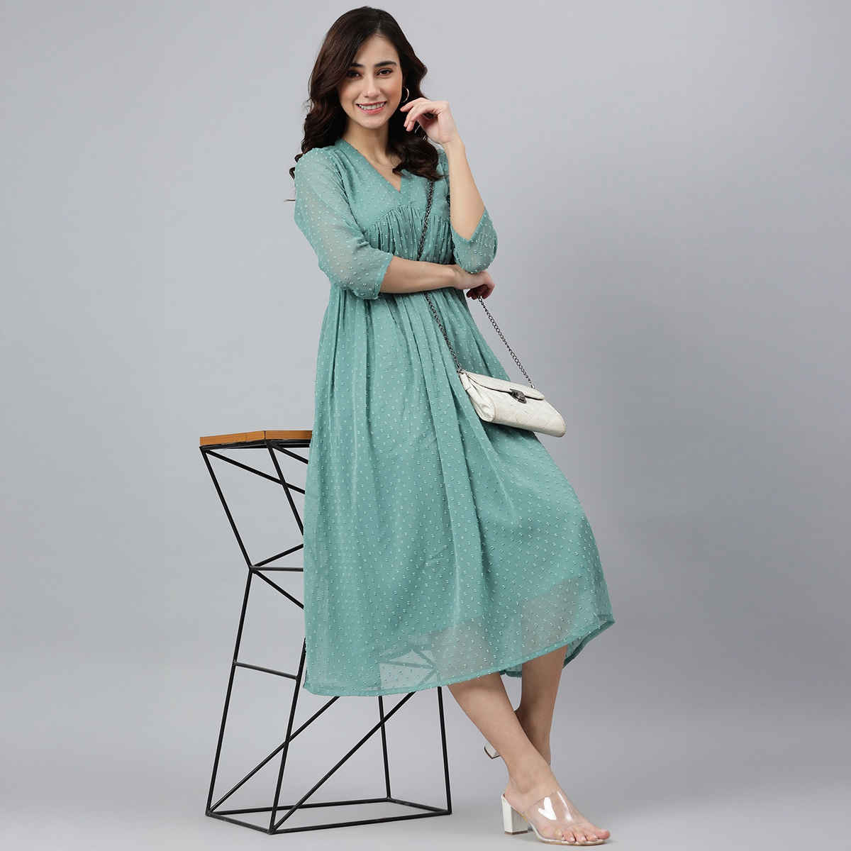 Janasya Women's Green Chiffon Self Design Flared Western Dress - S