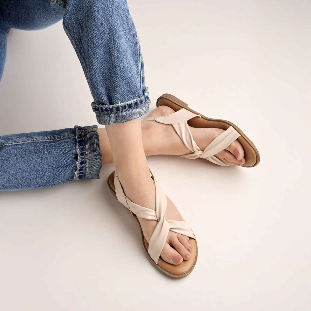 Shoetopia Cross Strap Cream Flat Sandals For Women | UK 9