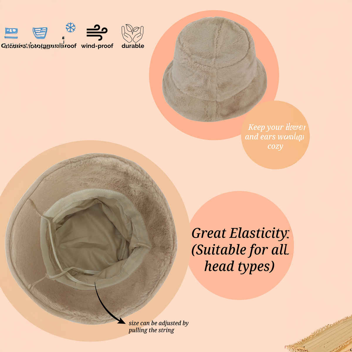 Fabseasons Women's Solid Acrylic and Faux Fur Bucket Hat | Beige - One Size