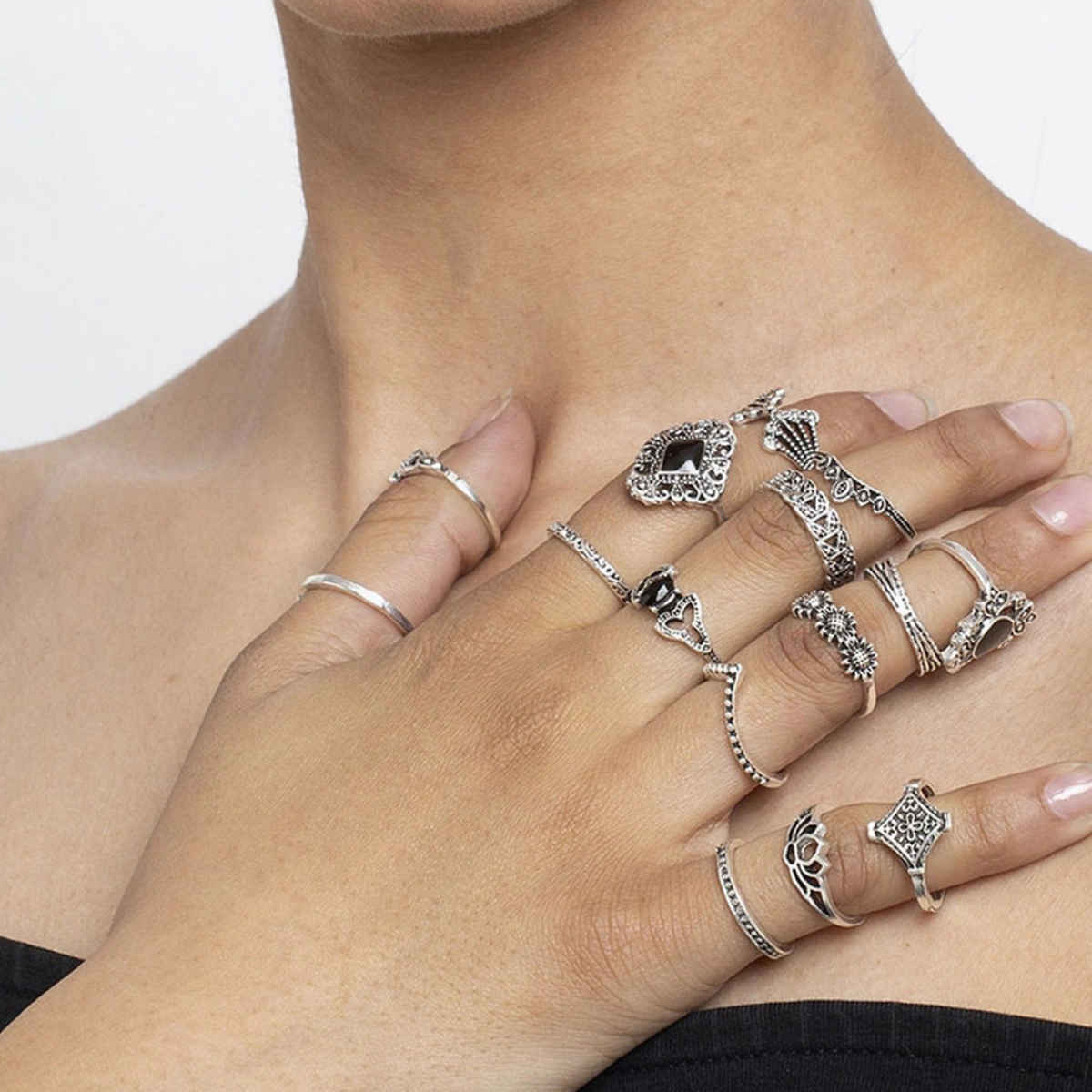 YouBella Oxidised Combo of 15 Boho Silver Plated Rings for Girls and Women (Silver)