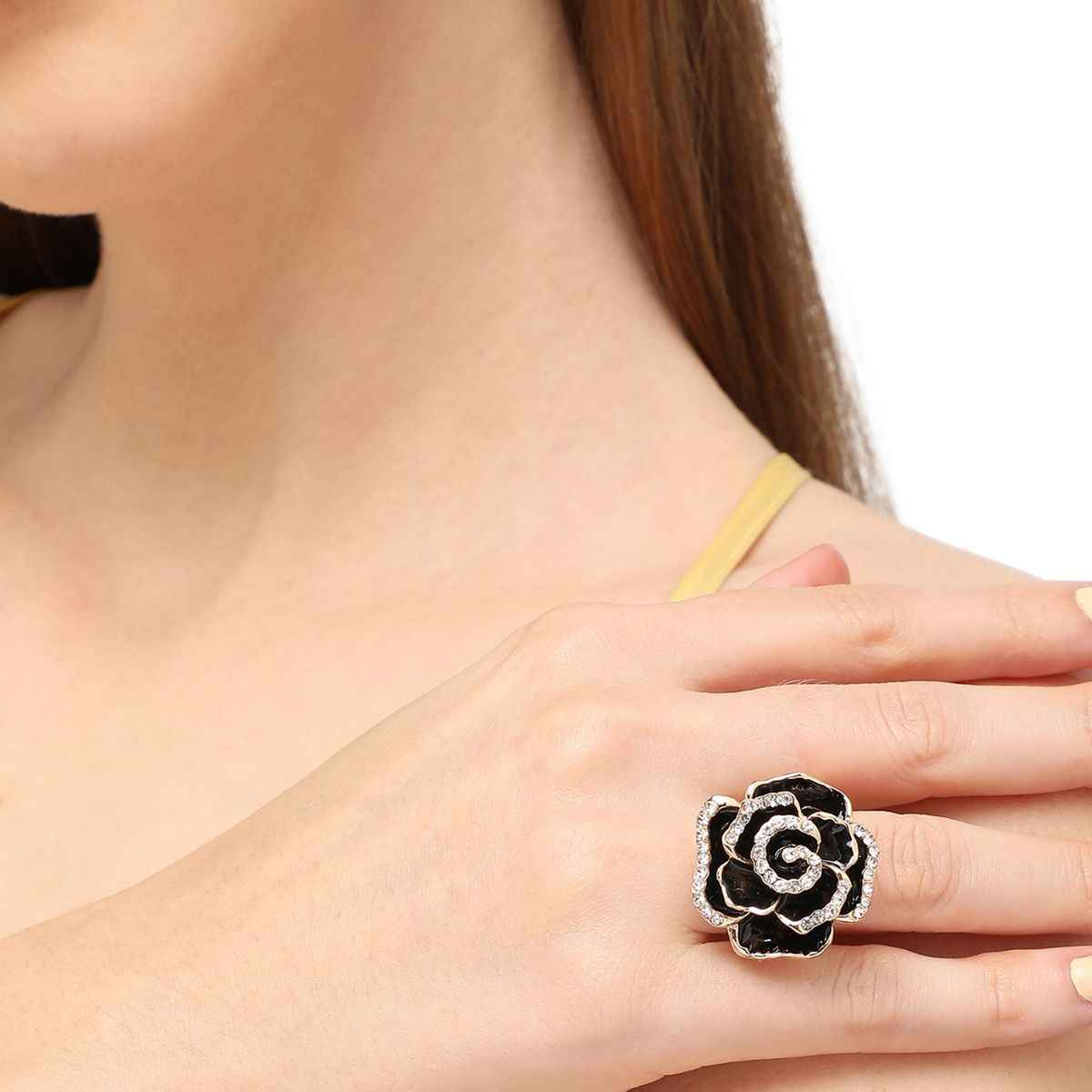 Sohi Gold-Plated Stone Studded Black Rose Shape Finger Ring For Women's