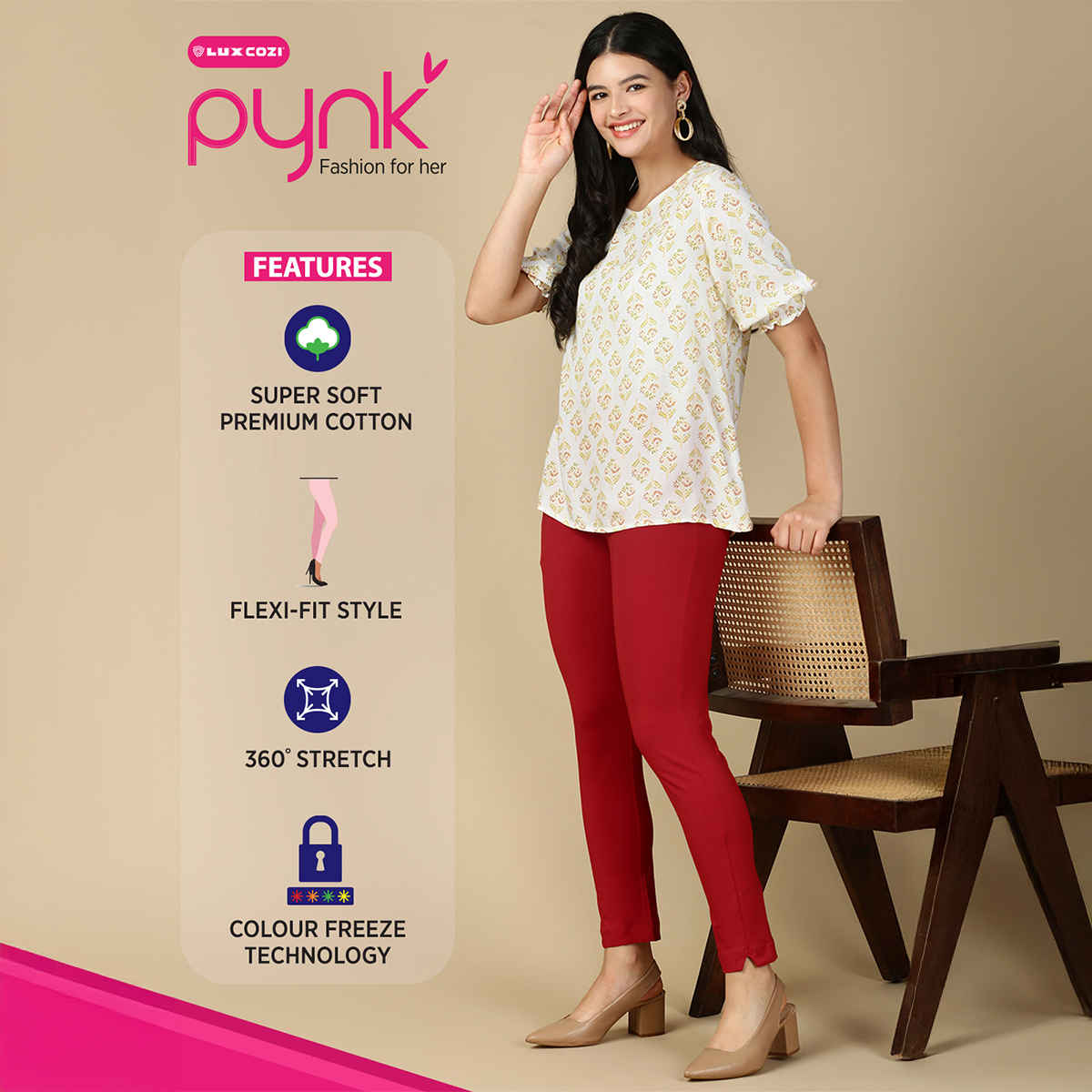 PYNK By Lux Cozi Women's Premium Modern Kurti Pants | Red | Free Size