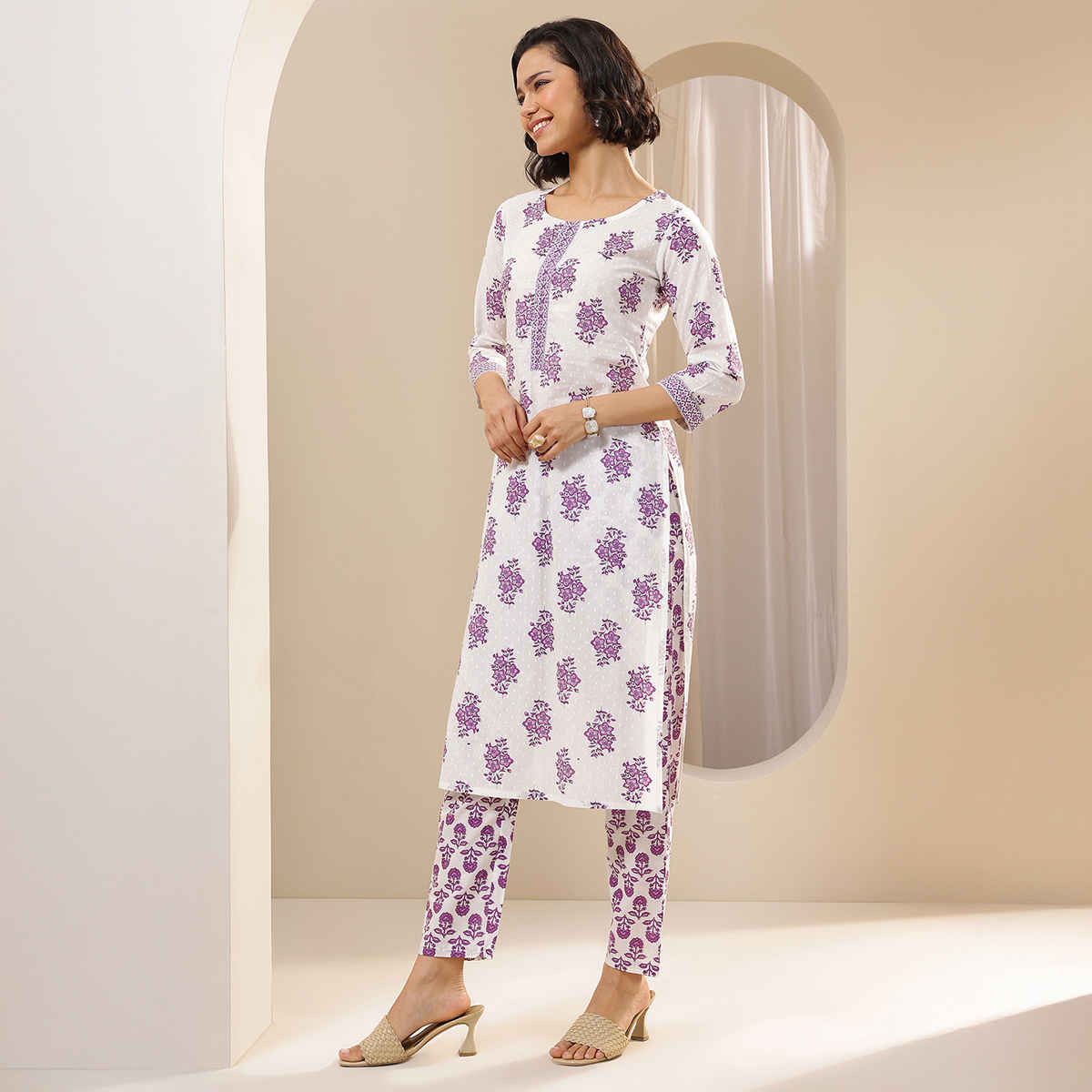 Libas Women's Printed Cotton Straight Suit Sets With Dupatta | 99567 | Off White - S
