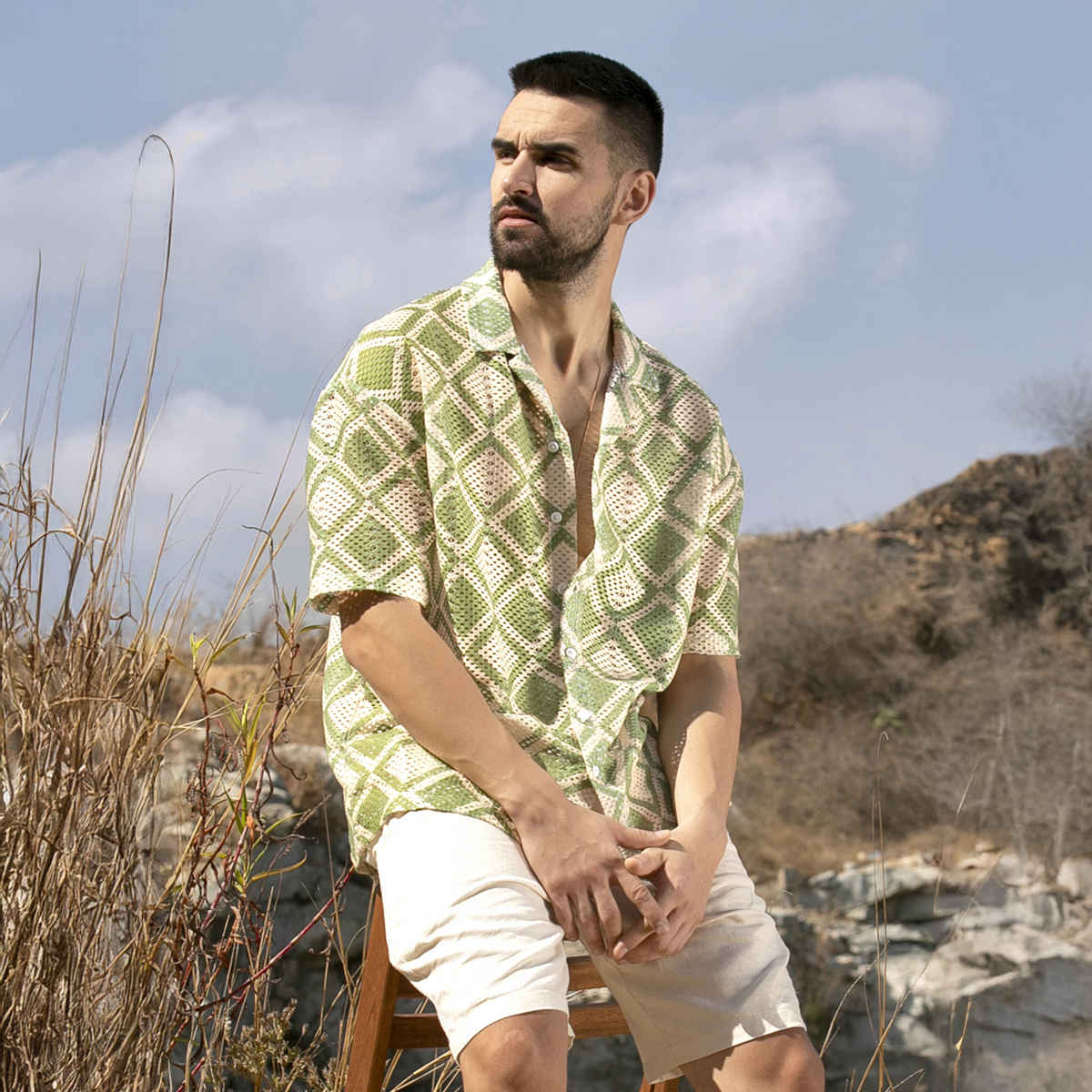 Campus Sutra Men's Geometric Block Oversized Shirt | Grass Green & Pale Yellow - L