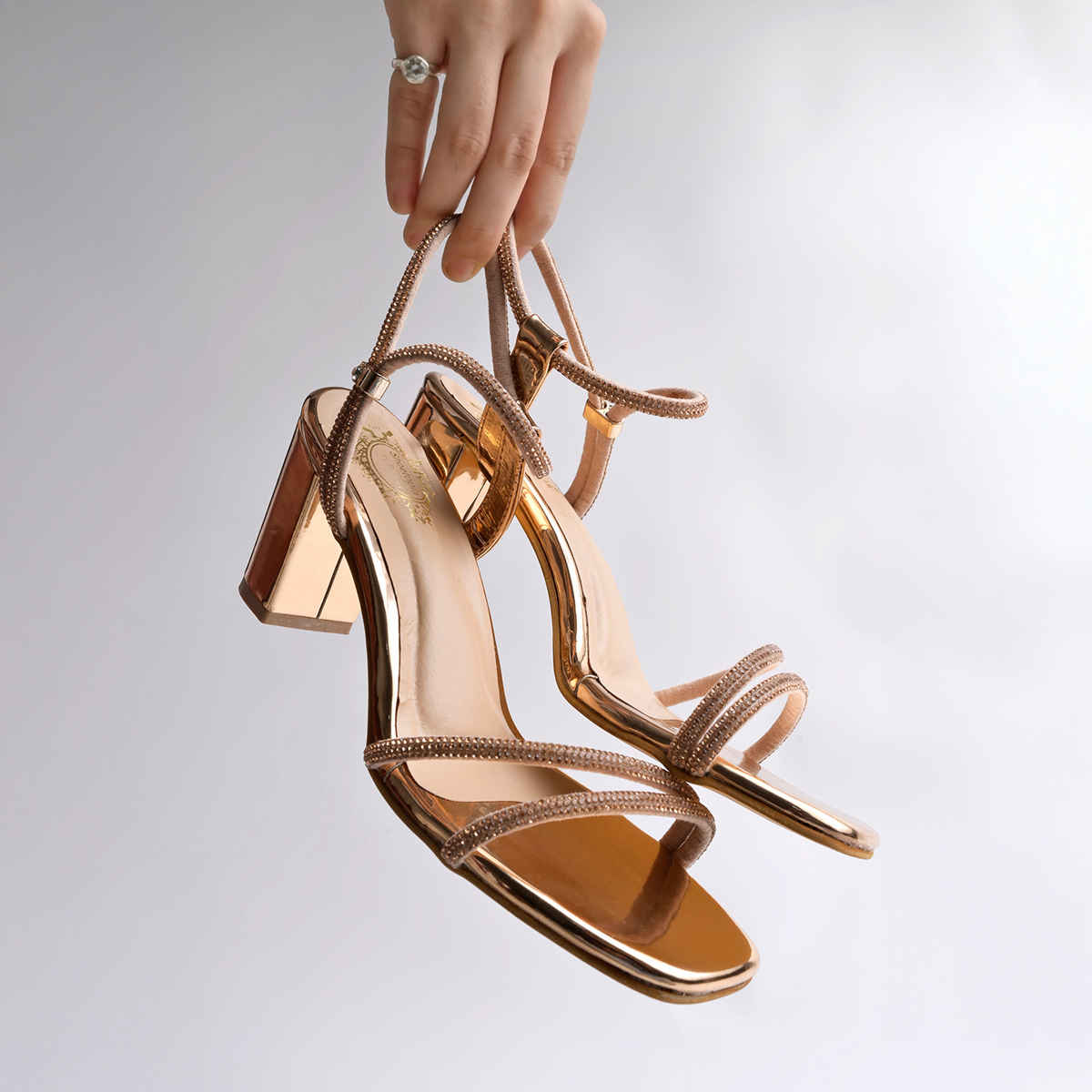 Shoetopia Women's Embellished Rhinestones Strap Heels | Heel-1246 | Rose-Gold - UK 3