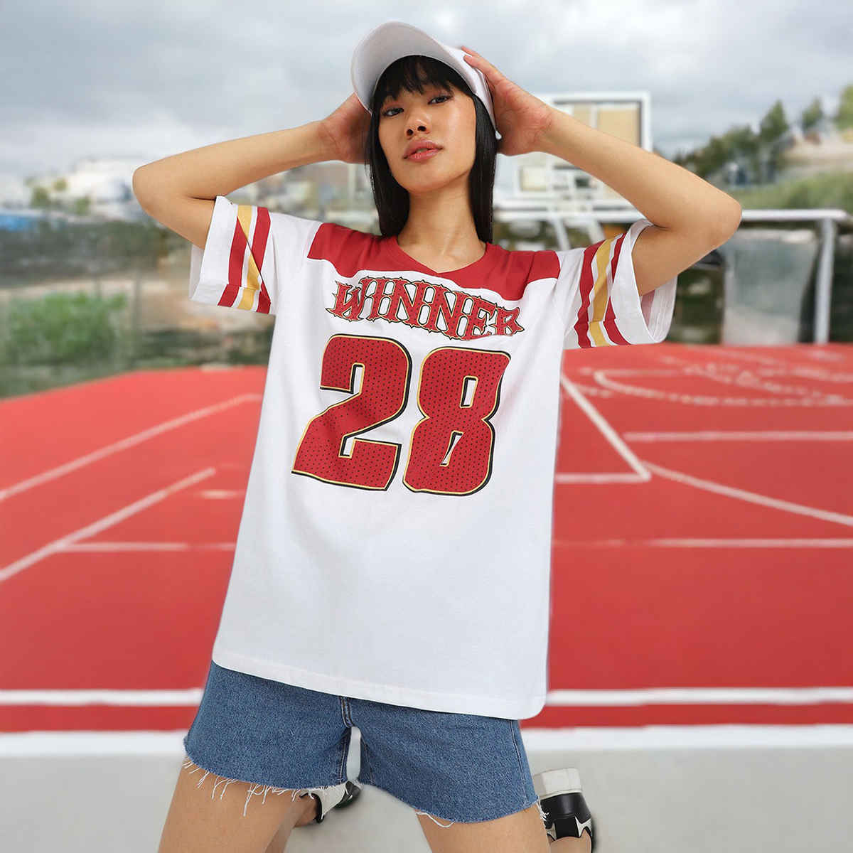 JUNEBERRY Women's Winner Graphic Printed Oversized T Shirt | OS WINNER 786 RD L | White - L