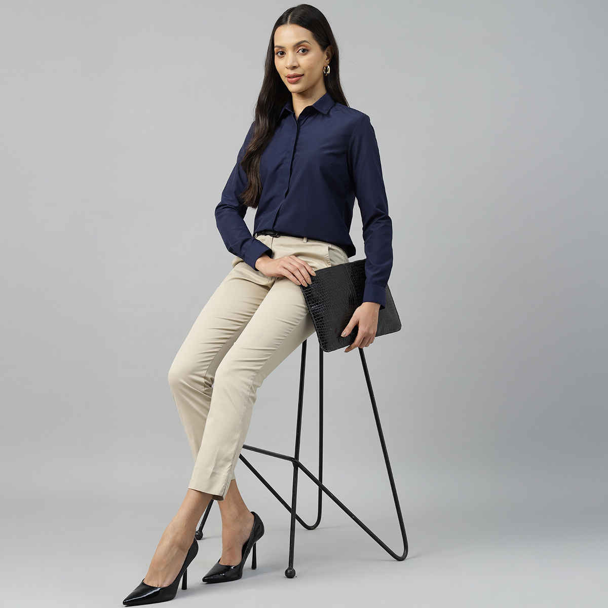 English Navy Women's Solid Regular Fit Polyester Formal Shirt | Navy Blue - L