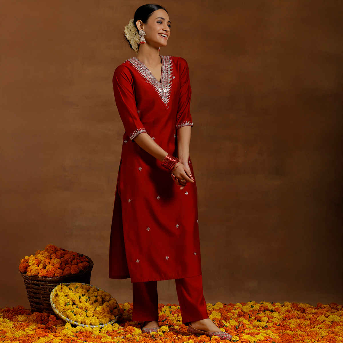 Libas Women's Embroidered Silk Blend Straight Kurta Set | Red - S