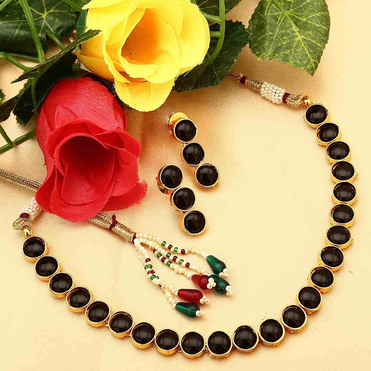 Peora Gold Plated Black Choker Necklace with Drop Earrings Traditional Jewellery Set for Women