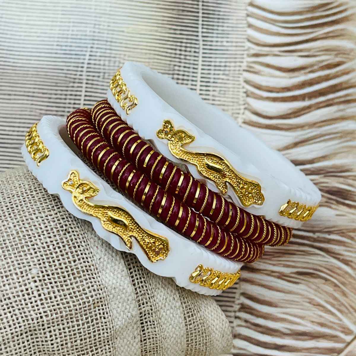 The Opal Factory | Sakha Pola | Geometric Gold Embedded Plastic Bangle | White and Red - 2.6