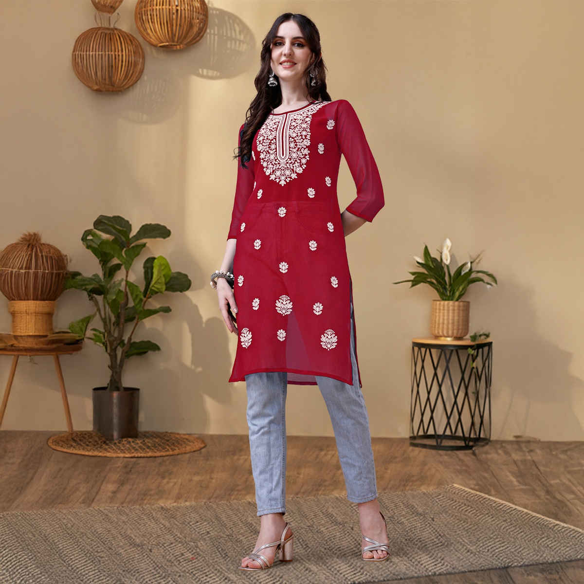 Youthnic Georgette Embroidered Embroidered Straight Short Kurti | B54 - Taara Maroon | S