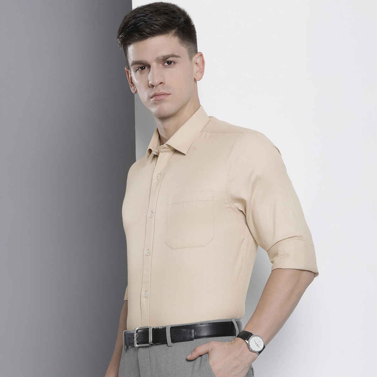 The Indian Garage Co Men's Slim Fit Solid Formal Shirt | Beige - L