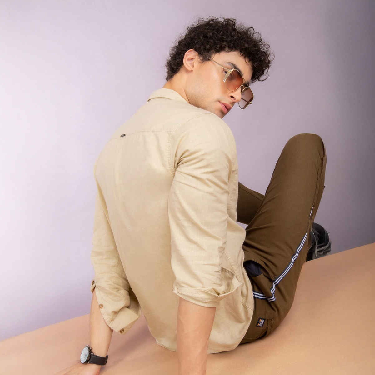 The Indian Garage Co Men's Slim Fit Solid Casual Shirt | Beige - XL