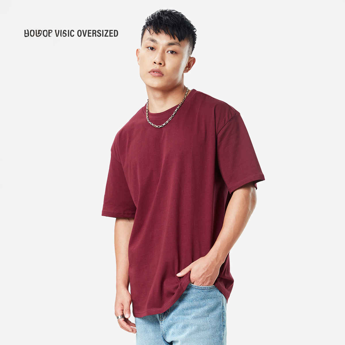 The Souled Store Men's Solids Maroon Oversized T-shirt | Burgundy - M