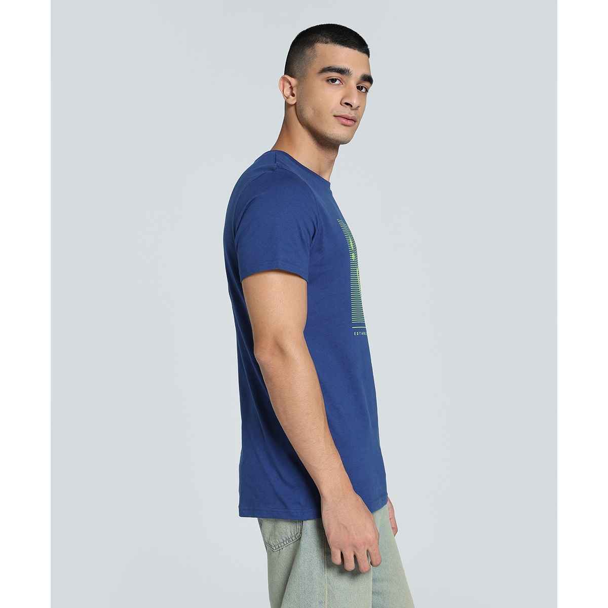 Puma Men's T-Shirt Striped Logo Graphic - Blue | S