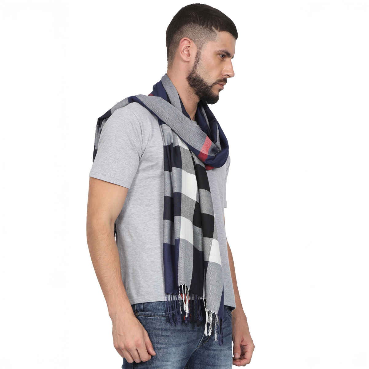 Fabseasons Unisex Checkered Cotton Blend Scarf | Navy
