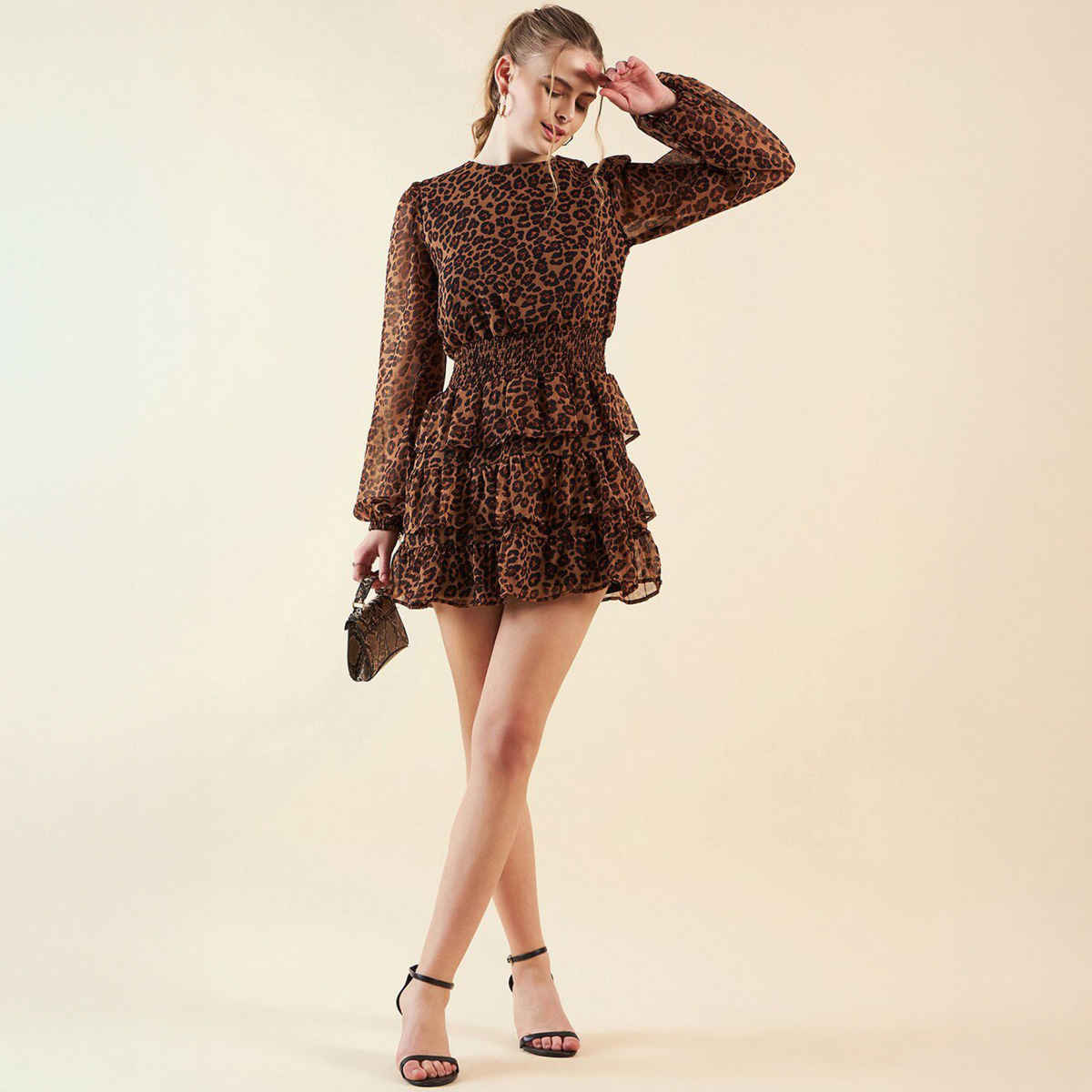 Freehand Women's Fit and Flared Animal Party Round Neck Dress | Brown - S