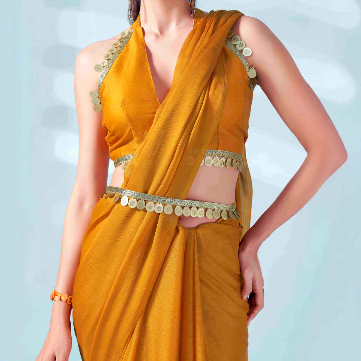 Tikhi Imli Women's Zari Weaving Satin Saree With Unstitched Blouse | Mustard