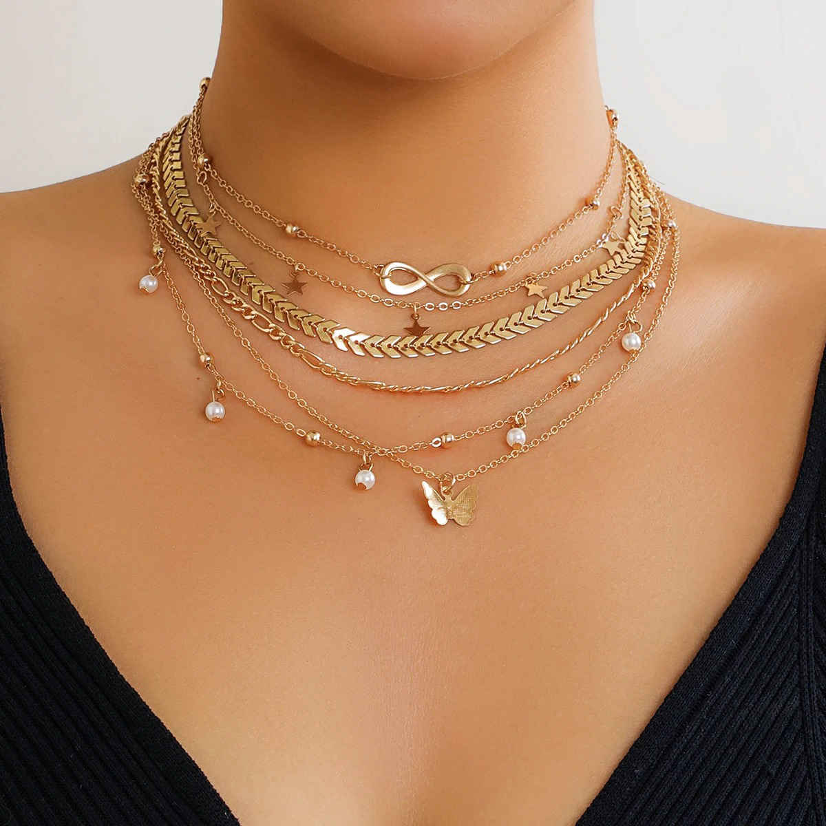 Jewels Galaxy Gold-Plated Pack Of 6 Layered Necklace (1 Pack 6 Necklaces)