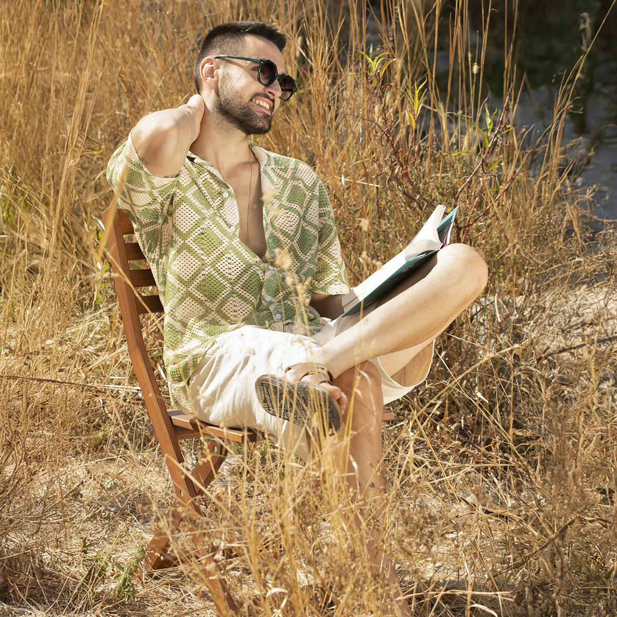 Campus Sutra Men's Geometric Block Oversized Shirt | Grass Green & Pale Yellow - L