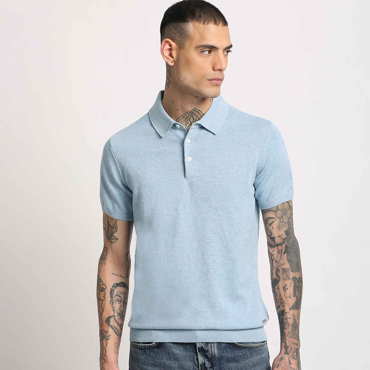 THE BEAR HOUSE Men's Solid Regular Fit Polo Collar T-shirt | POL-IRON-BL | Blue - M