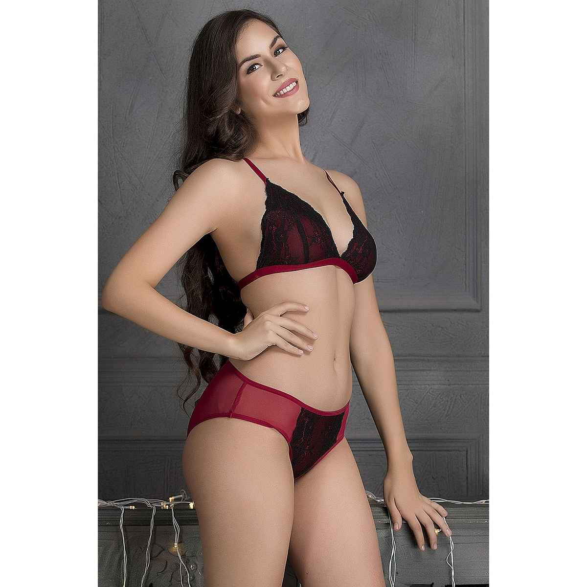 Clovia Non-Padded Non-Wired Demi Cup Plunge Bra & Low Waist Bikini Panty | BP1477P04 - Red - 32B
