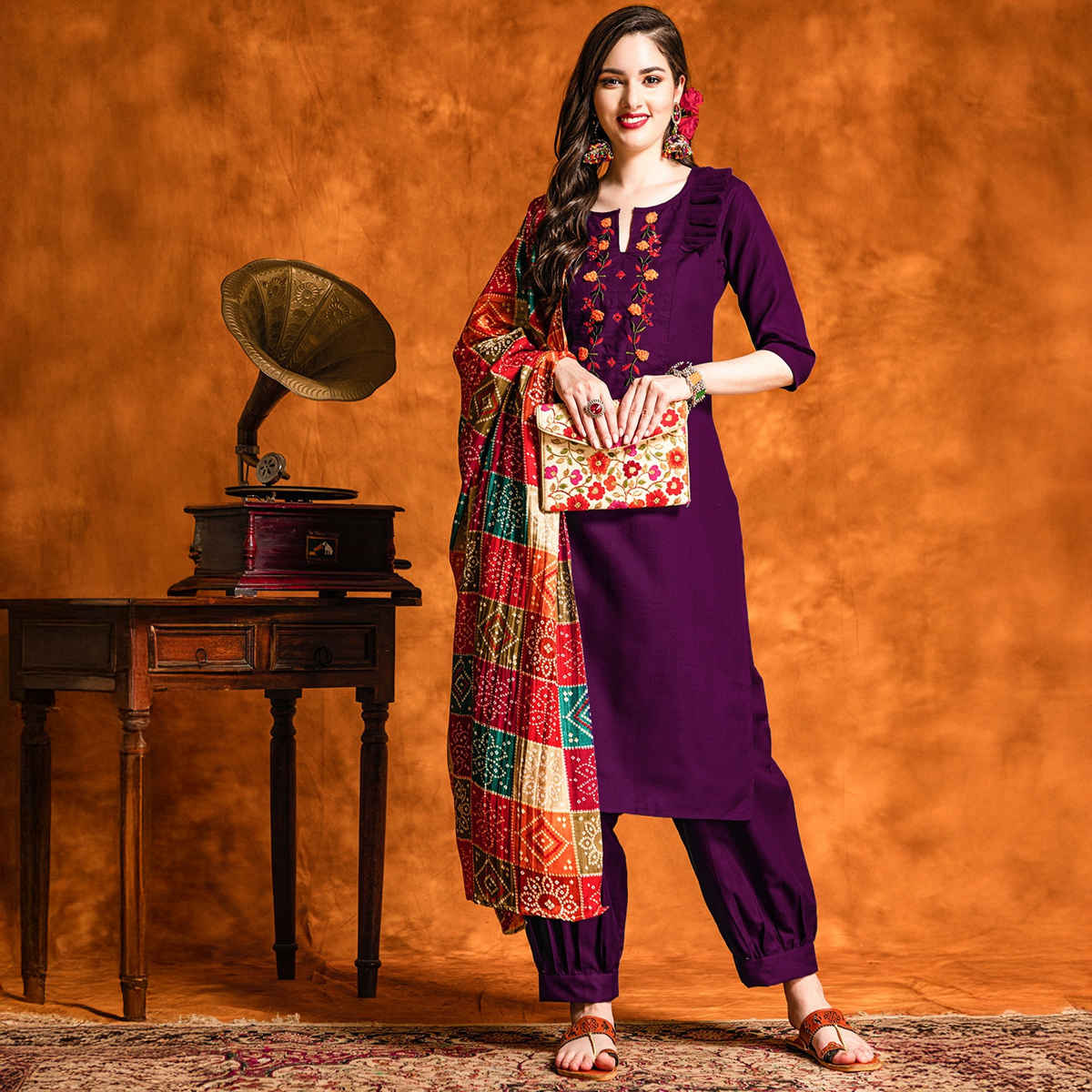 Youthnic Embroidered & Mirror Work Cotton Straight Kurta Dupatta Set | SKD44 - Sawan Wine | S