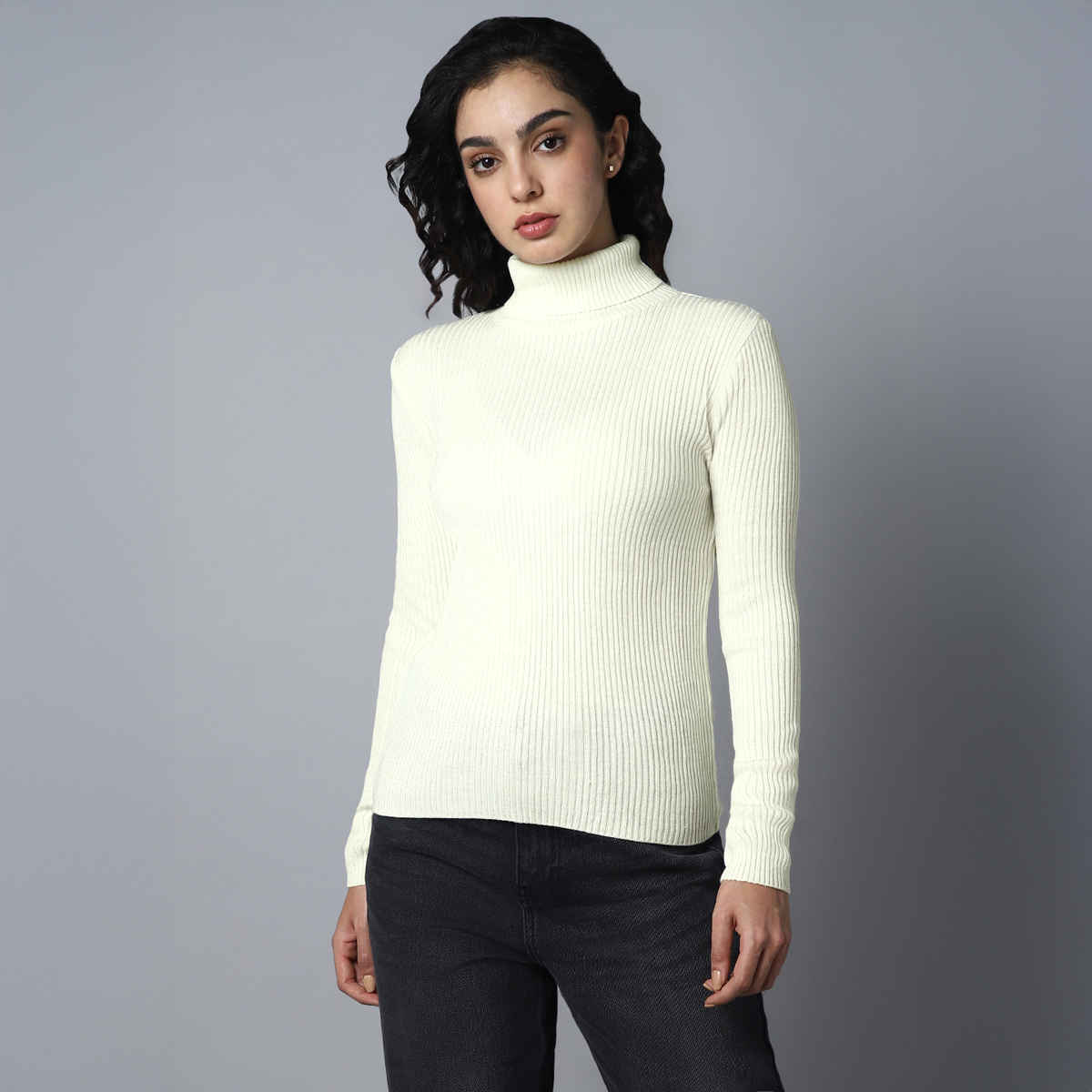 High Star Women's Ribbed Turtle Neck Long Sleeves Acrylic Pullover Sweater | White - XL