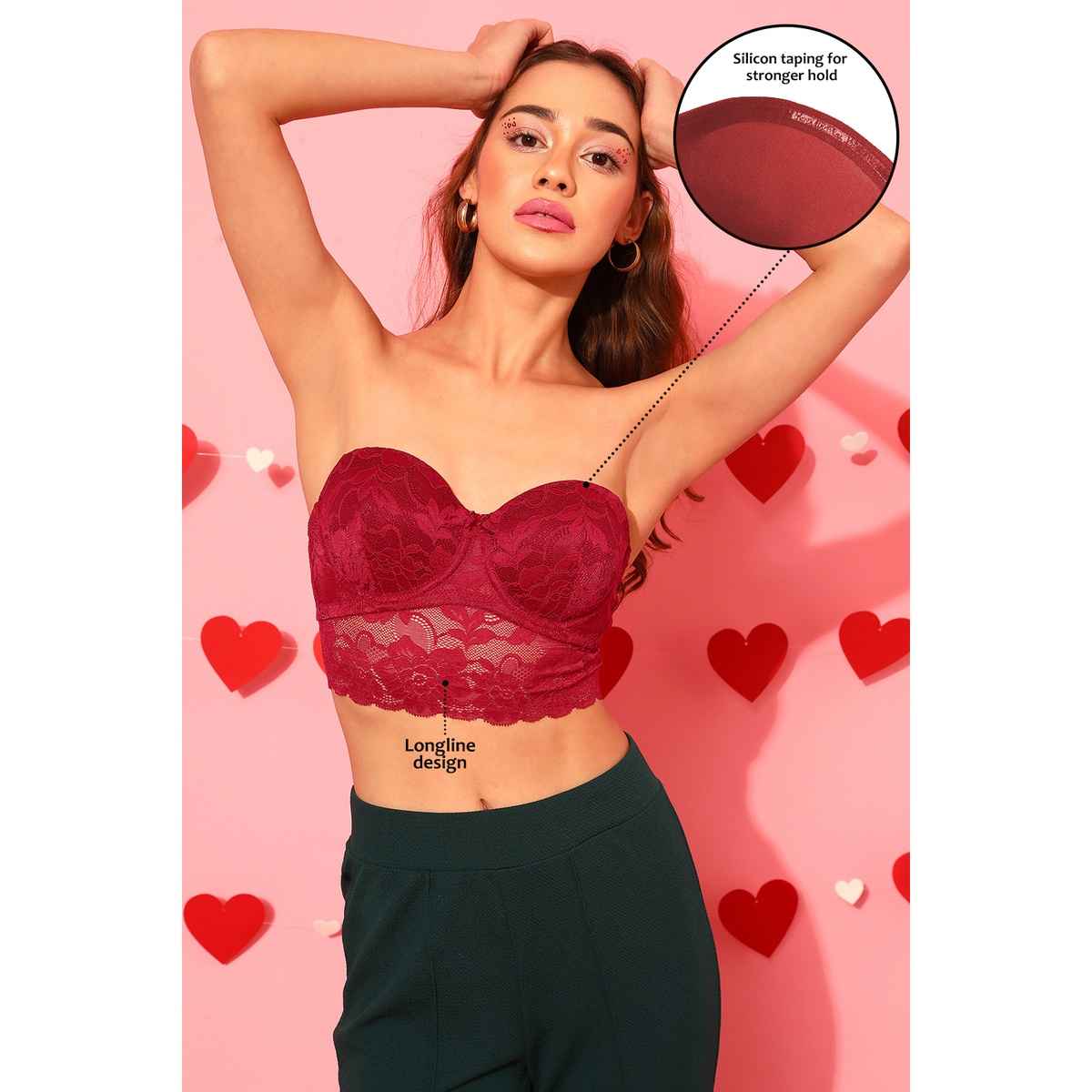 Clovia Women Padded Underwired Full Coverage Multiway Longline Bralette - Lace | Red | 38D