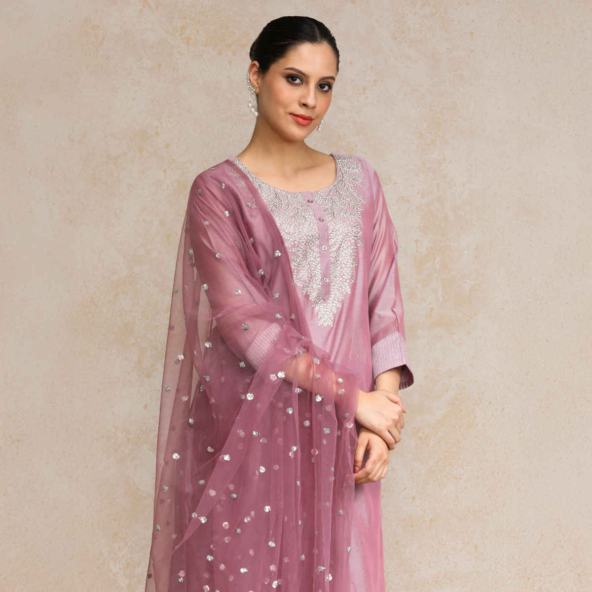 Varanga Women's Embroidered Regular Chanderi Silk Kurta with Trousers & Dupatta | Mauve - 2XL