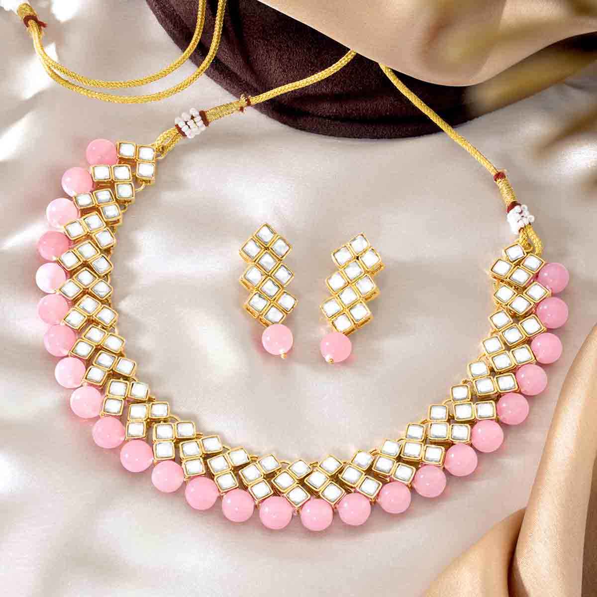 Peora Gold Plated Kundan Pearl Bridal Choker Necklace Jewellery Set With Dangle Earrings For Women